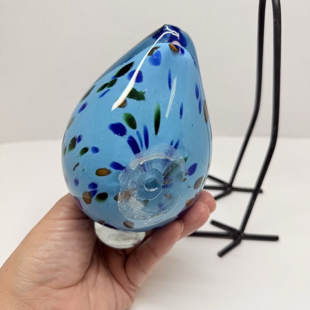 Hand Blown Murano Style Art Glass Turquoise Speckled Bird With Tall Metal Legs - Picture 7 of 10